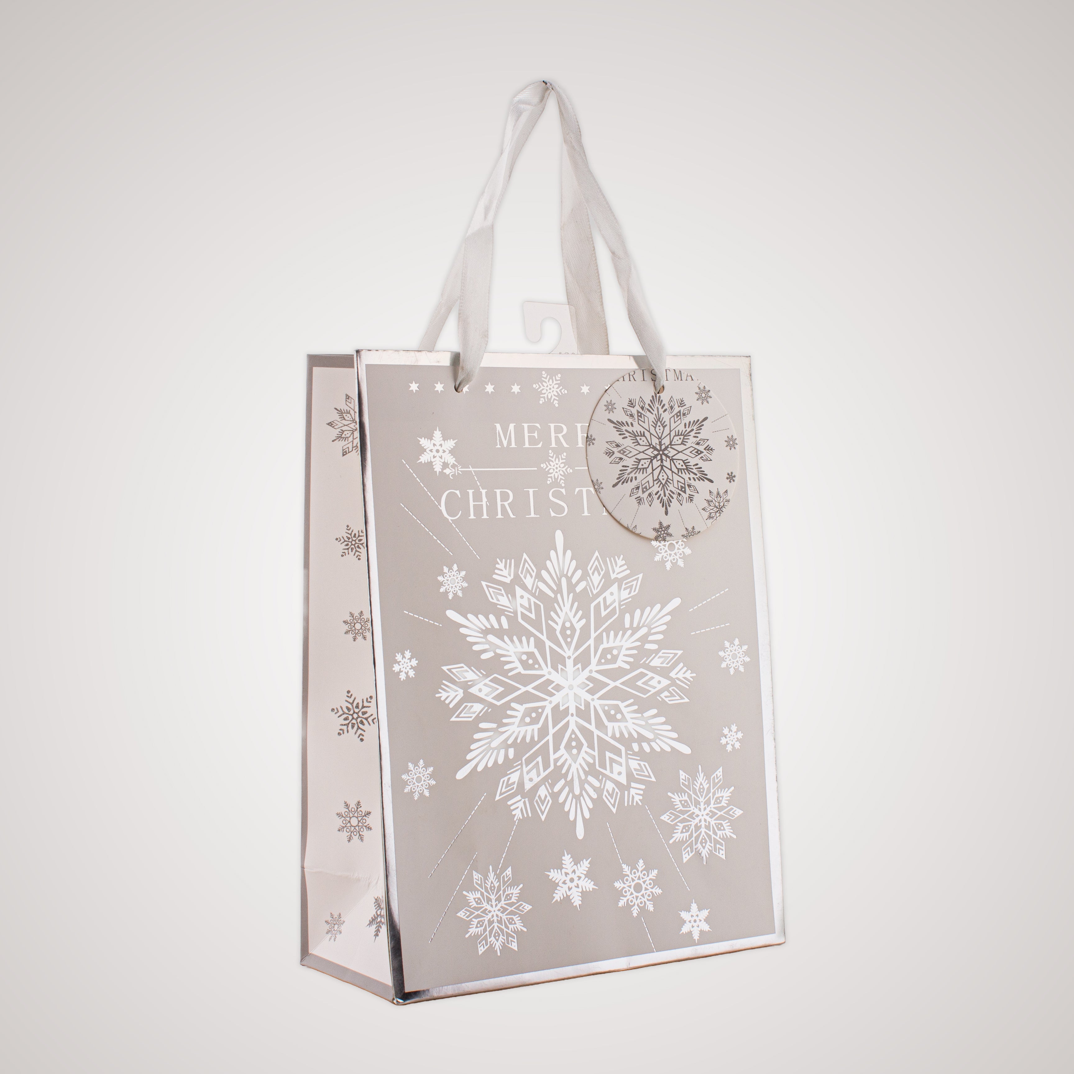 Festive Gift Bag With Foil Detailing Silver White Snowflakes 18 X 8 X 24cm 1pc