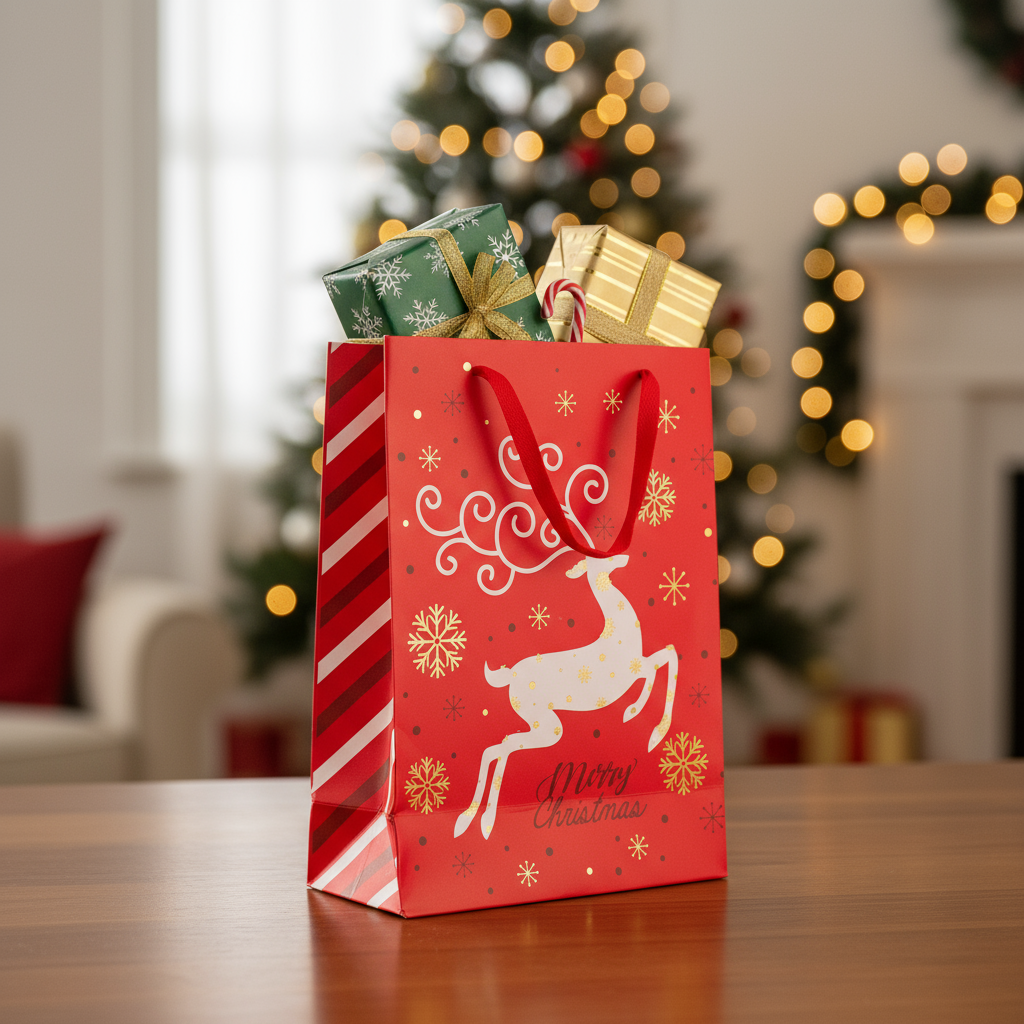 Christmas Gift Bag With Gold Foil Detailing Reindeer 26 X 10 X 32cm 1pc