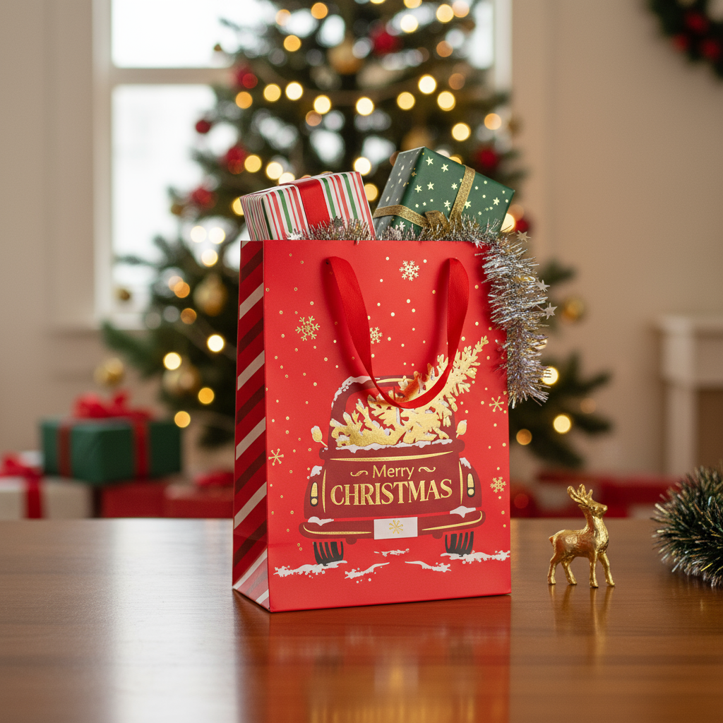 Christmas Gift Bag With Gold Foil Detailing Tree Tow 26 X 10 X 32cm 1pc