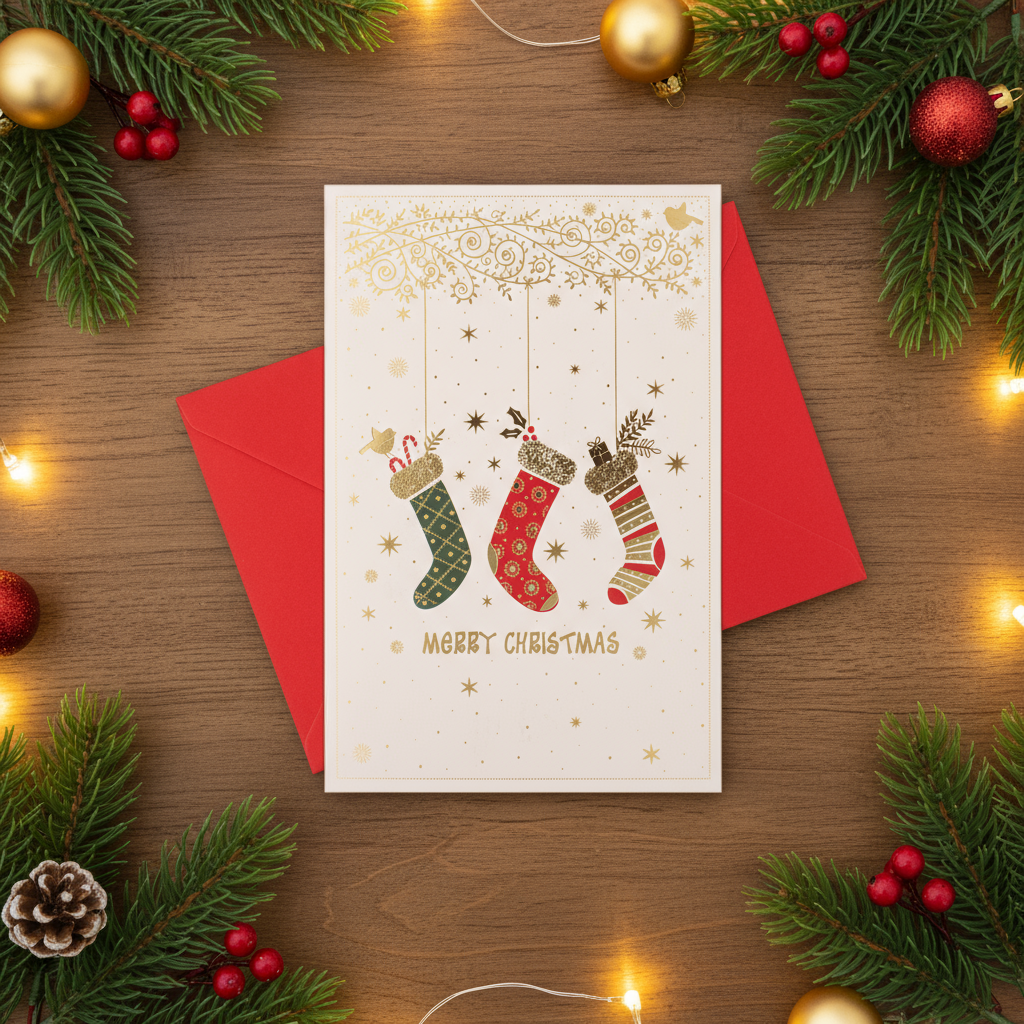 Christmas Greeting Card with Foil Detailing & Envelope Christmas Stockings 11.8 X 17.8cm 1pc