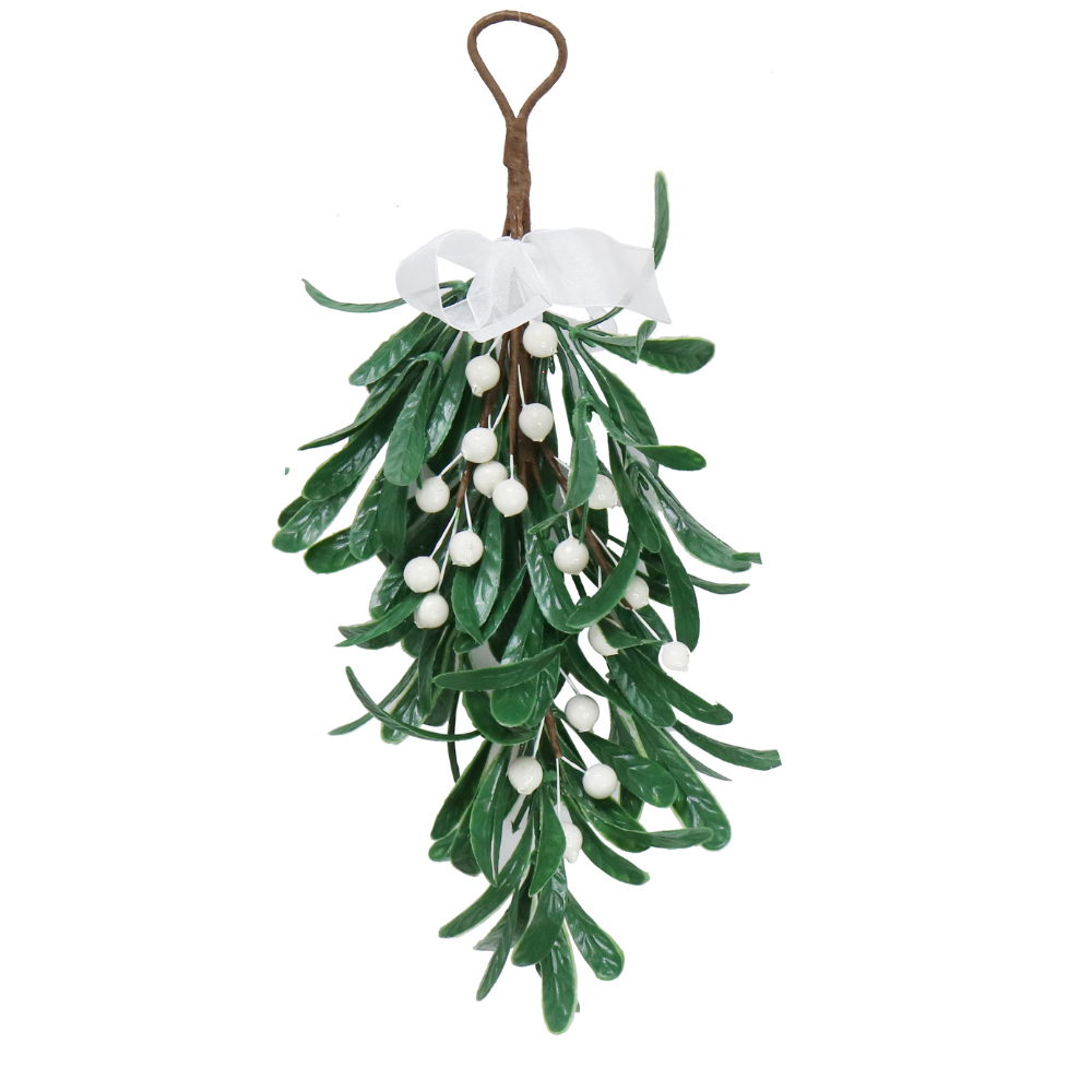 Christmas Hanging Decoration - Mistletoe With White Berries and White Bow, 35cm, 1pc