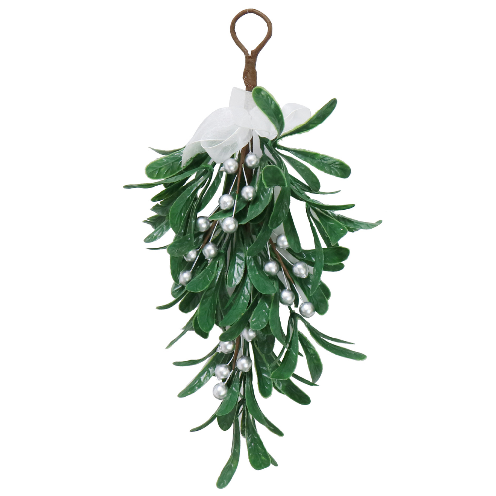 Christmas Hanging Decoration - Mistletoe With Silver Berries and Silver Bow, 35cm, 1pc
