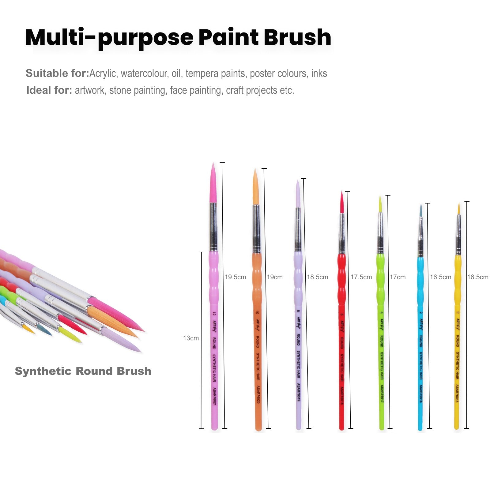 Kids Brush Round Synthetic Hair Size 0 2 4 6 8 10 12 Set of 7pc