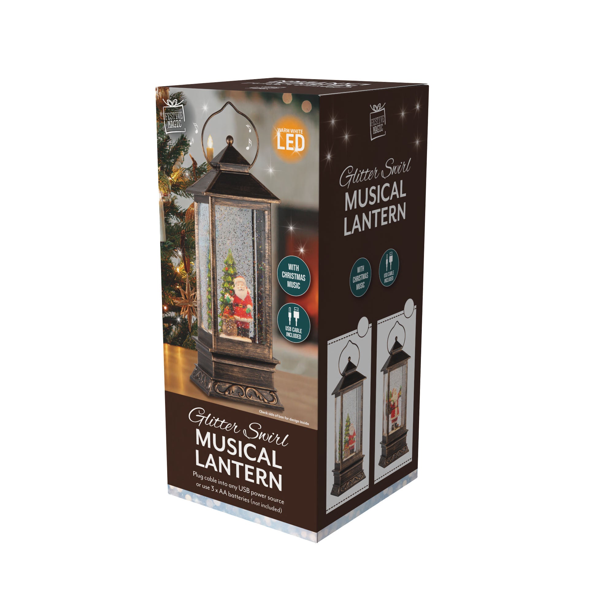 Christmas Snow Globe Lighted Musical Lantern Santa Standing with Tree USB and Battery Powered 14 X 14 X 31cm 1pc Box