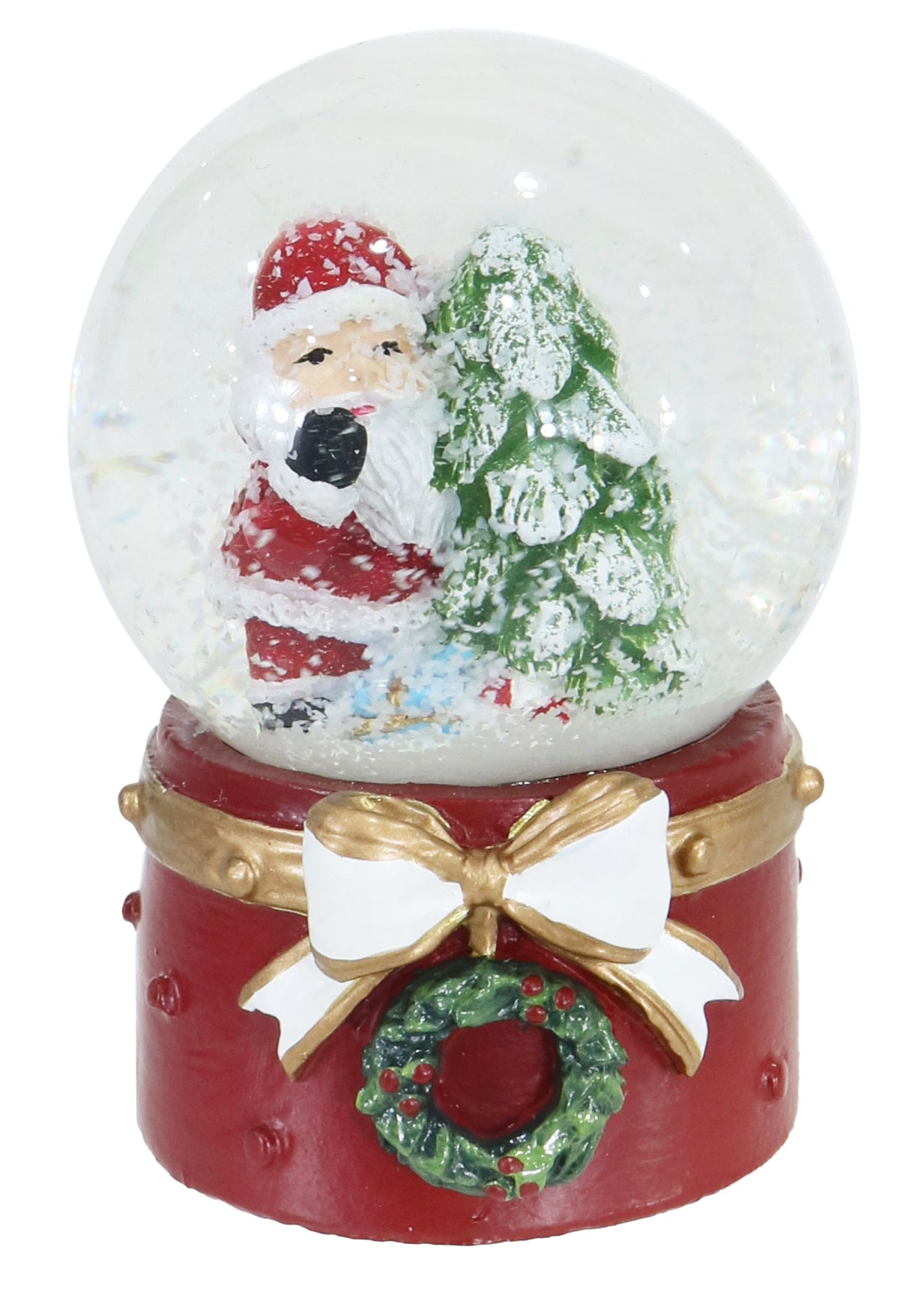 Santa Waterball Red Resin Base with Green Berry Wreath and Gold-White Bow Assorted 45mm 1pc