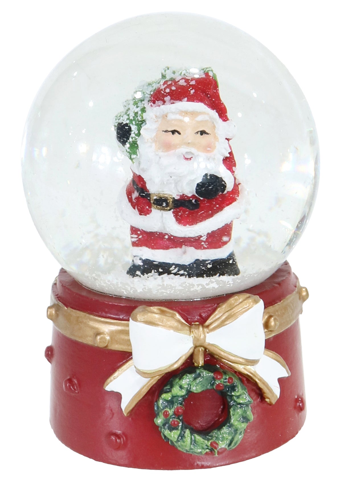 Santa Waterball Red Resin Base with Green Berry Wreath and Gold-White Bow Assorted 45mm 1pc