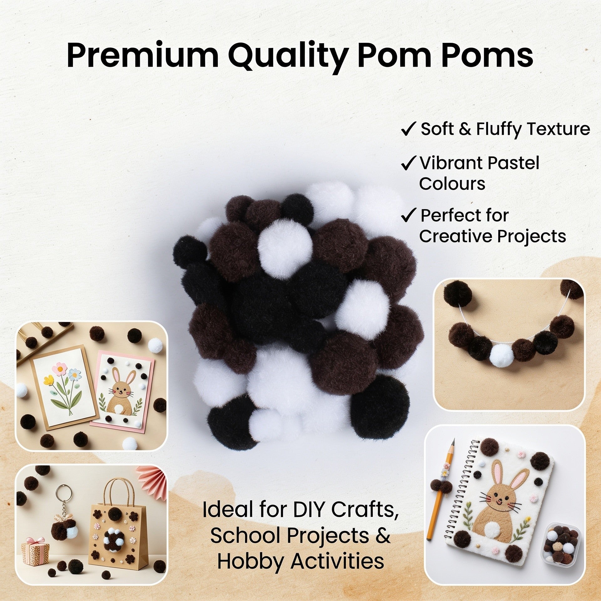Pom Pom Natural Assorted Sizes 46pc