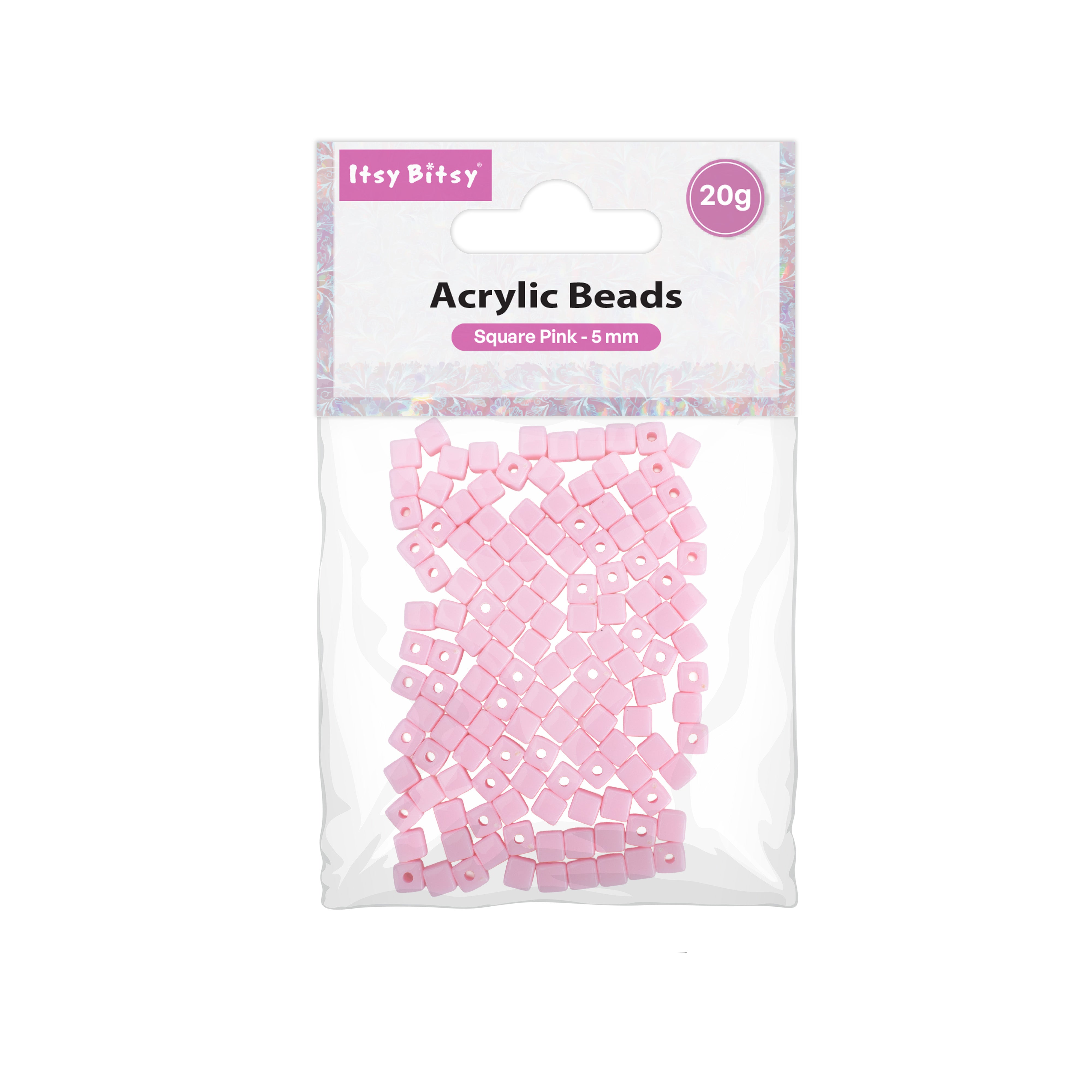 Acrylic Beads Square Pink 5mm 20gm PBHC IB
