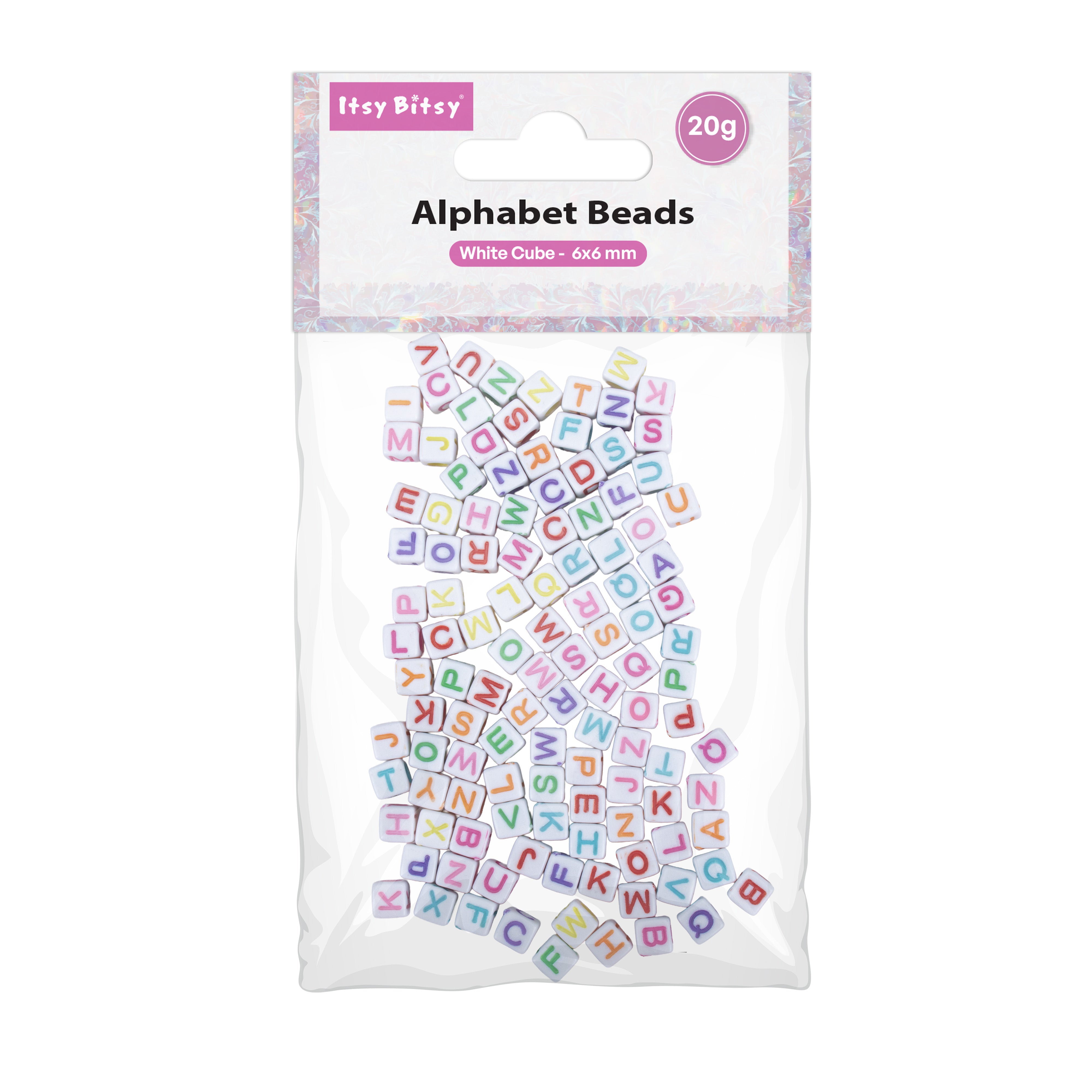Alphabet Beads White Cube 6 x 6mm 20gm PBHC IB
