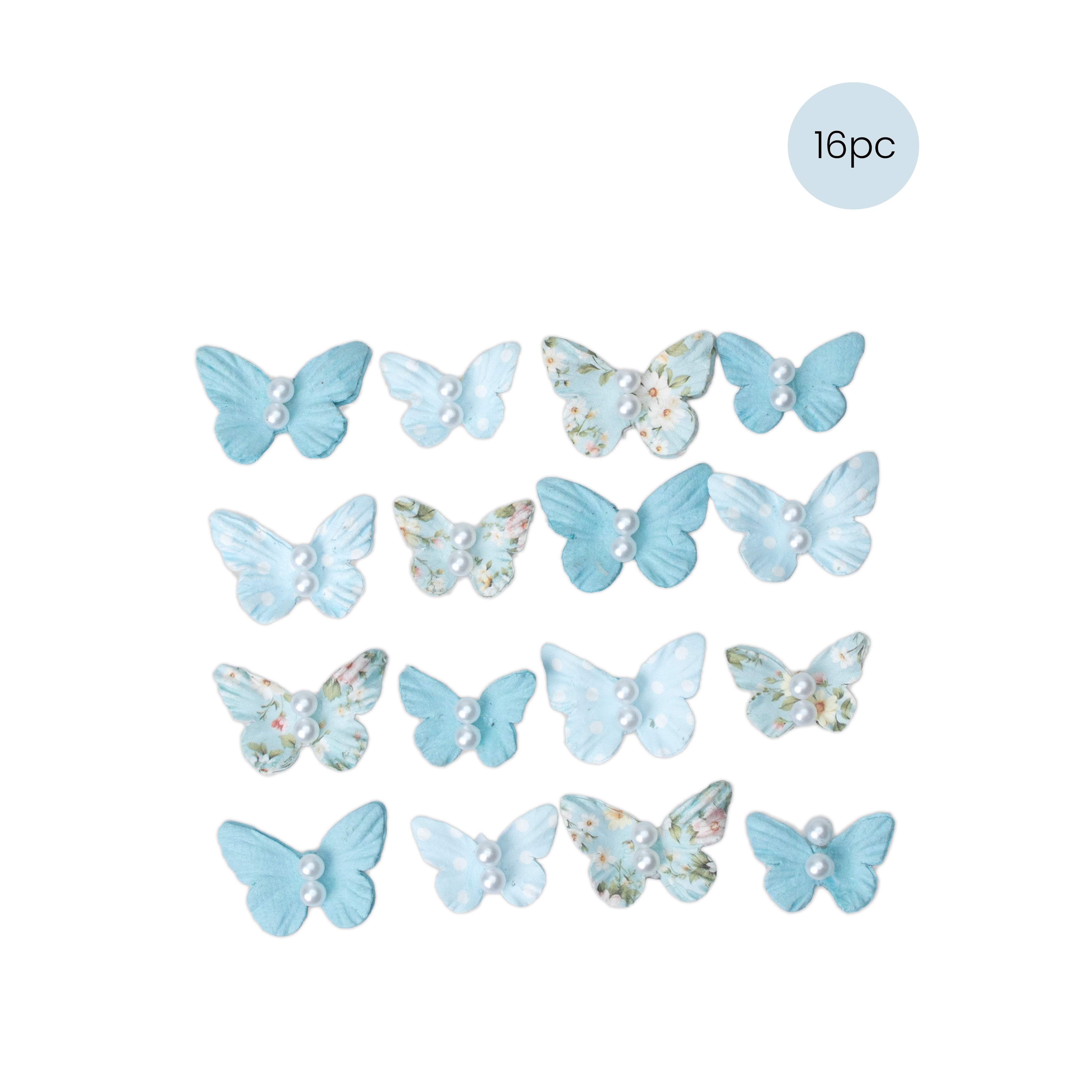 Handmade Printed Paper Butterflies Pearly Flutter Blue Symphony 16pc