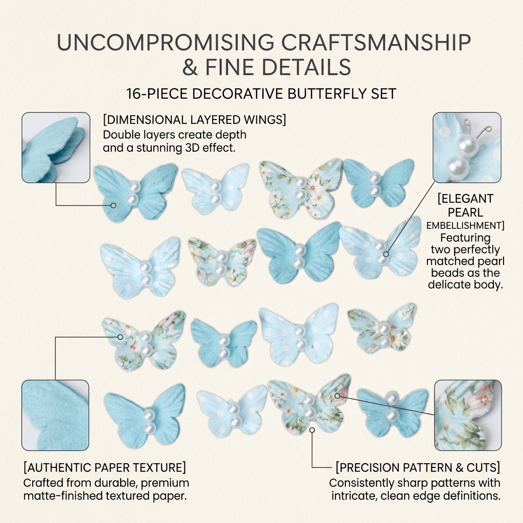 Handmade Printed Paper Butterflies Pearly Flutter Blue Symphony 16pc