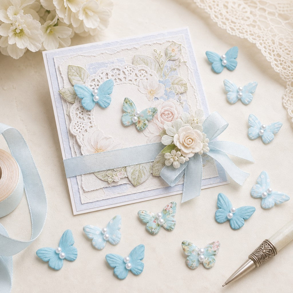 Handmade Printed Paper Butterflies Pearly Flutter Blue Symphony 16pc