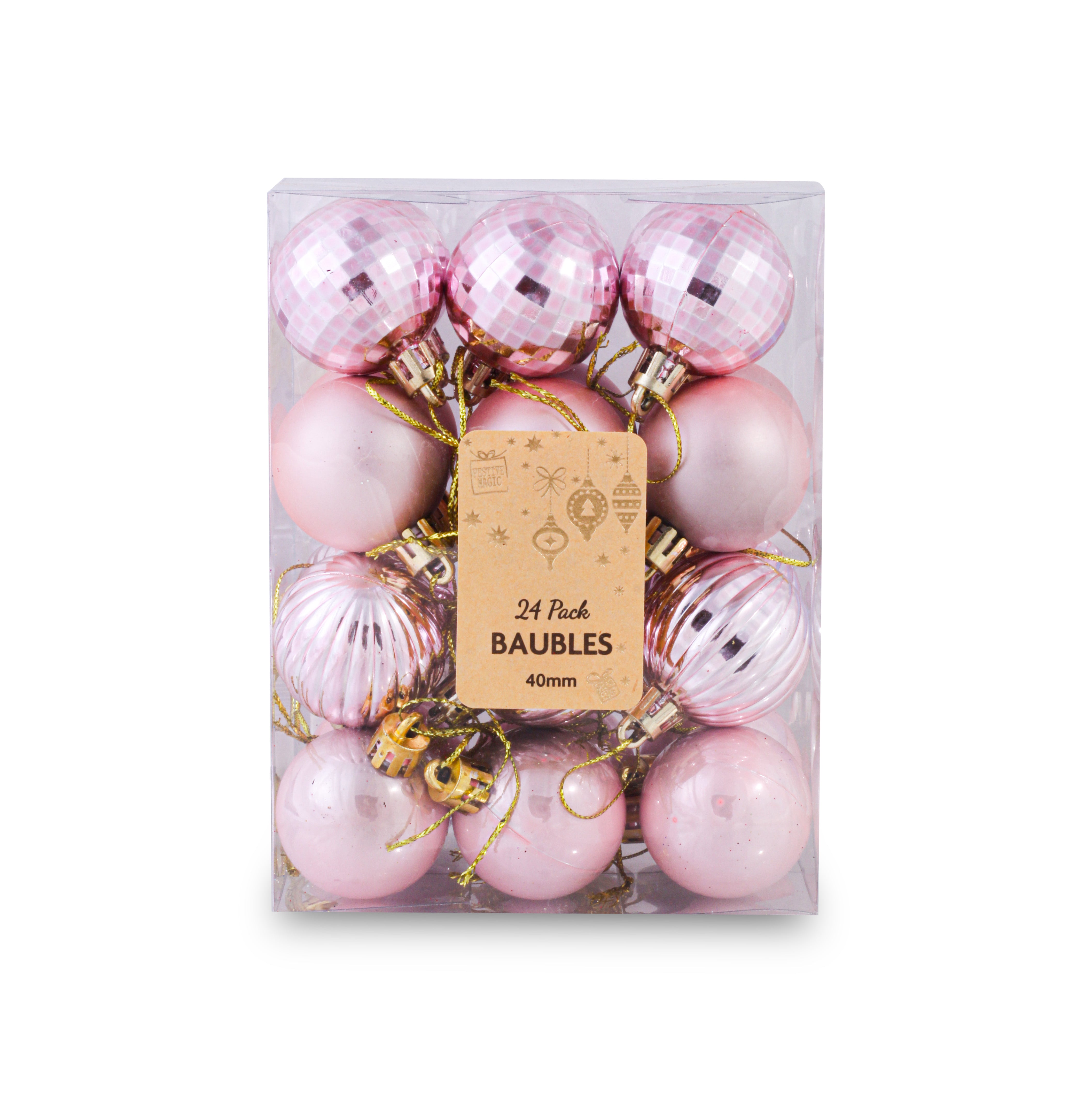 Christmas Baubles Pink 40Mm 24Pc Acetate