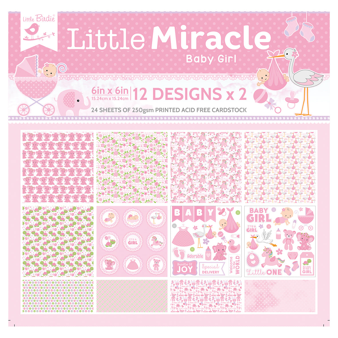 6 x 6 inch Printed Cardstock pack- Little Miracle Baby Girl, 24 Sheets, 12 Designs, 250 gsm