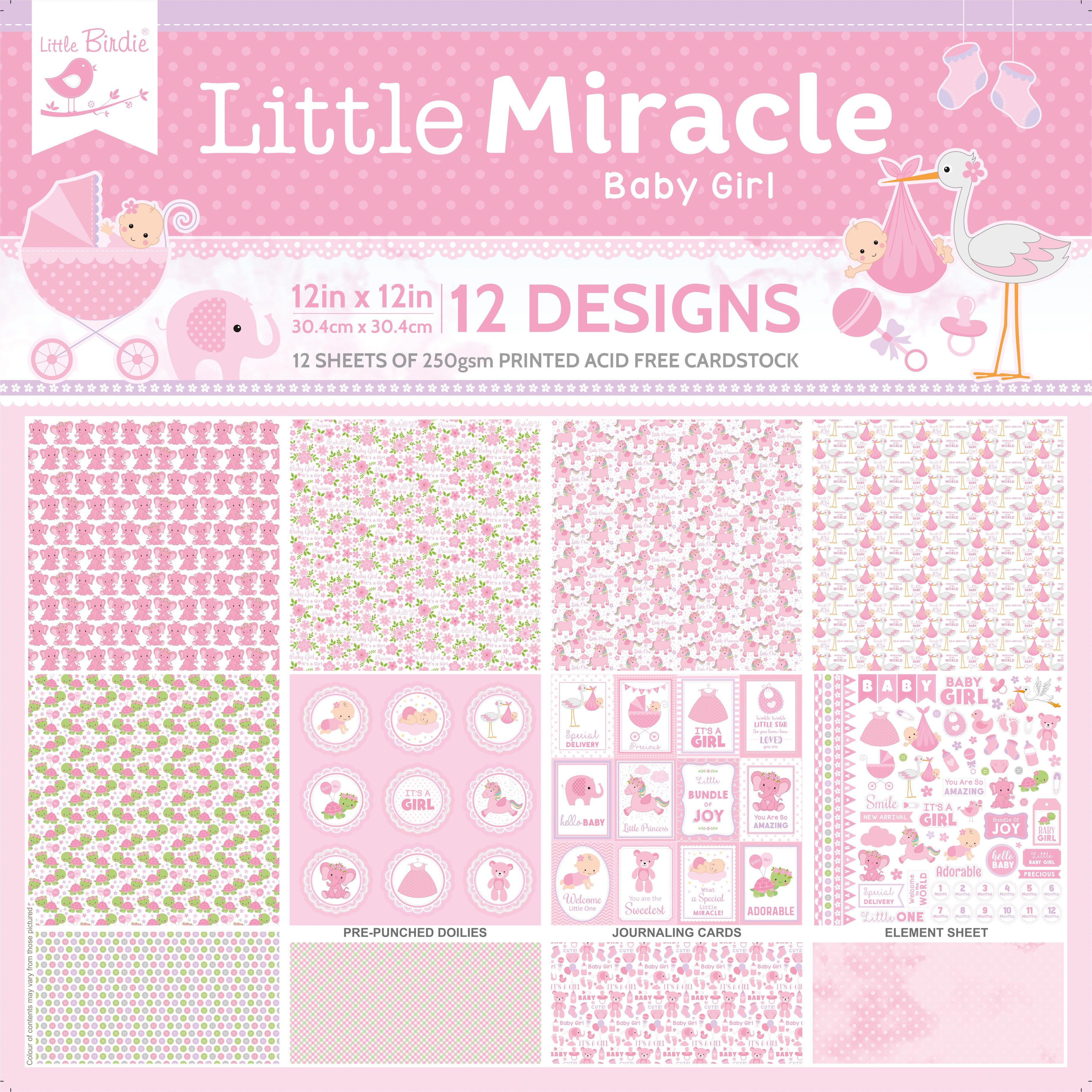 12 x12 inch Printed Cardstock pack- Little Miracle Baby Girl, 12 Sheets, 12 Designs, 250 gsm