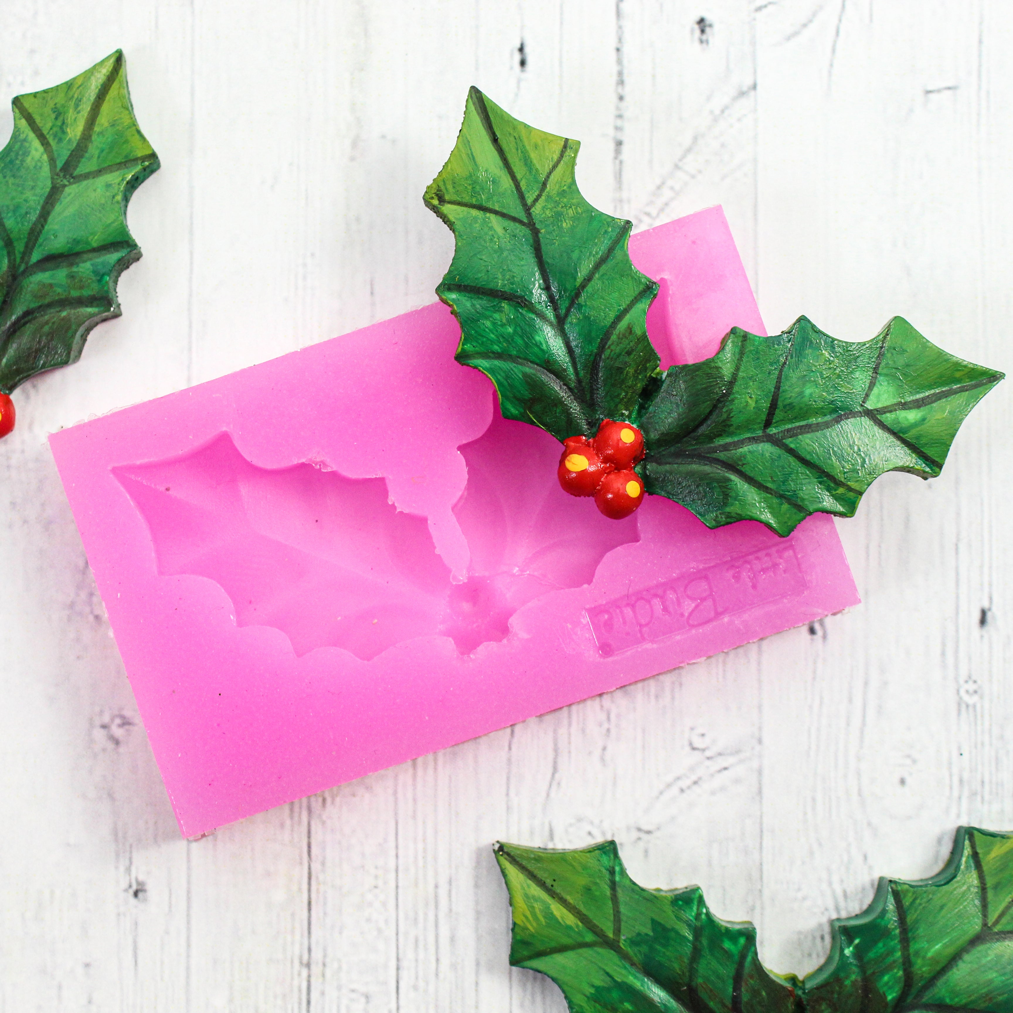 Silicone Mould Holly & Berries - W 1.82 X L 3.12inch, D - 10mm, 1pc