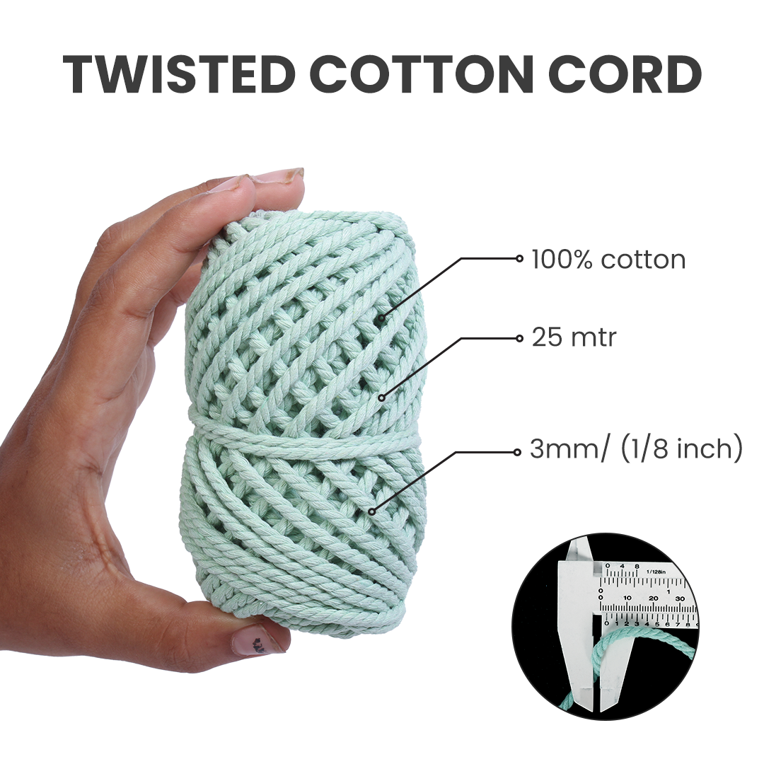 Macrame Cotton Twisted Cord - Sea Green 3mm 3Ply 25Mtr 1Roll