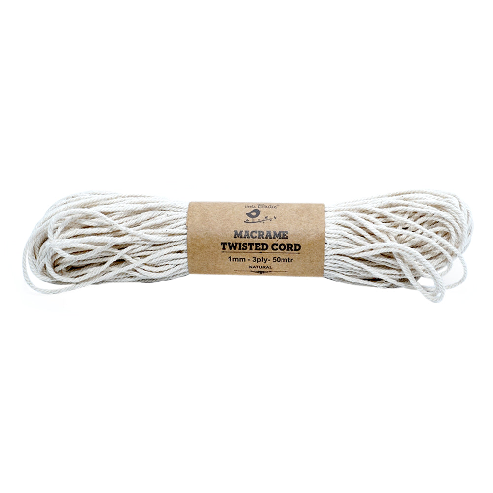 Macrame Cotton Twisted Cord 1mm 3 Ply Natural 50Mtr