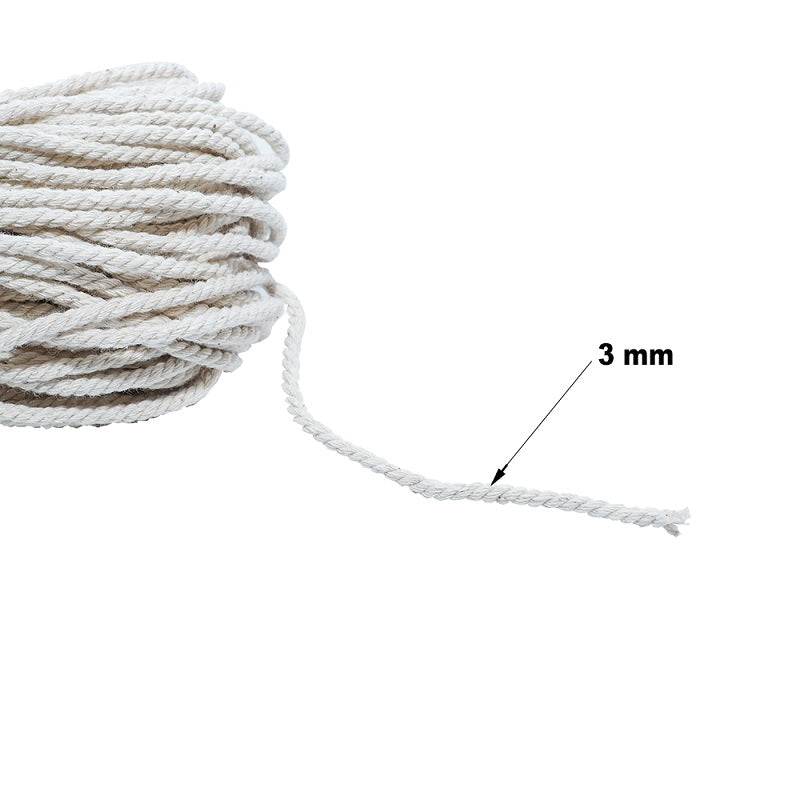 Macrame Cotton Twisted Cord 3mm 3 Ply Natural 50Mtr