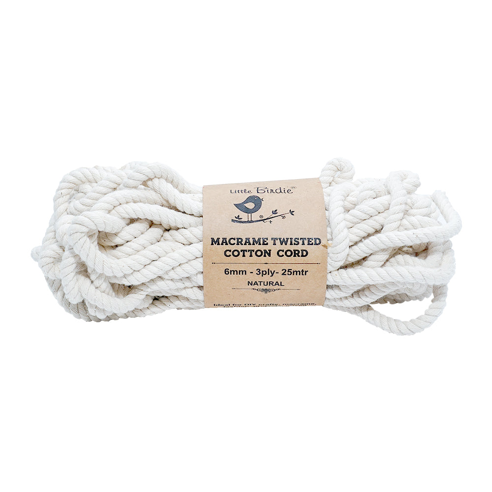 Macrame Cotton Twisted Cord 6mm 3 Ply Natural 25Mtr