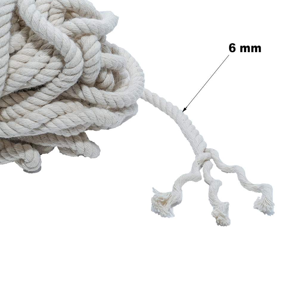 Macrame Cotton Twisted Cord 6mm 3 Ply Natural 25Mtr