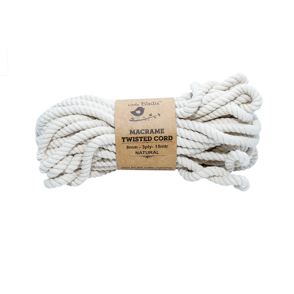 Macrame Cotton Twisted Cord 8mm 3 Ply Natural 15Mtr