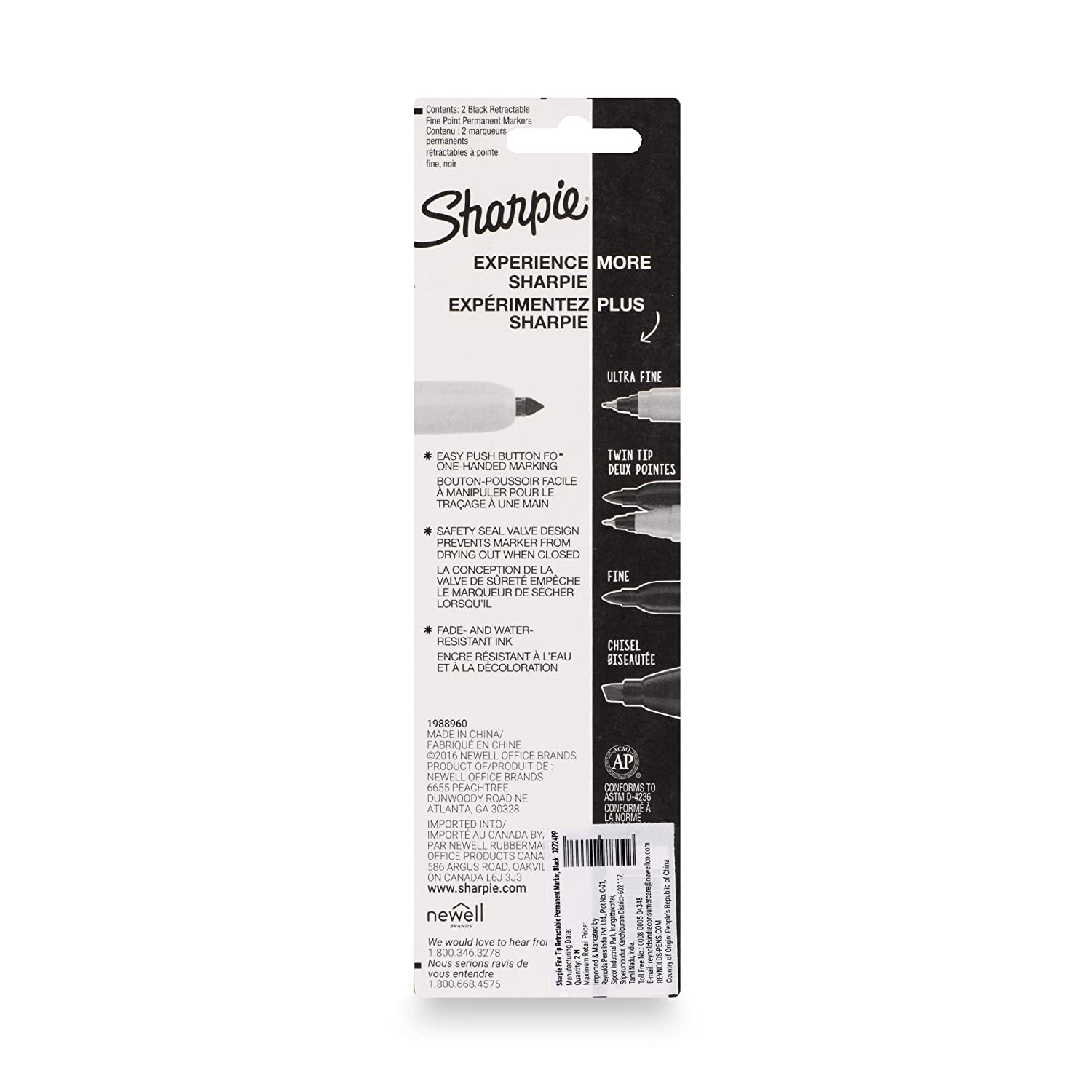 Sharpie Fine Point Rectractable Permanent Marker Black 32724Pp 2Pc Blister