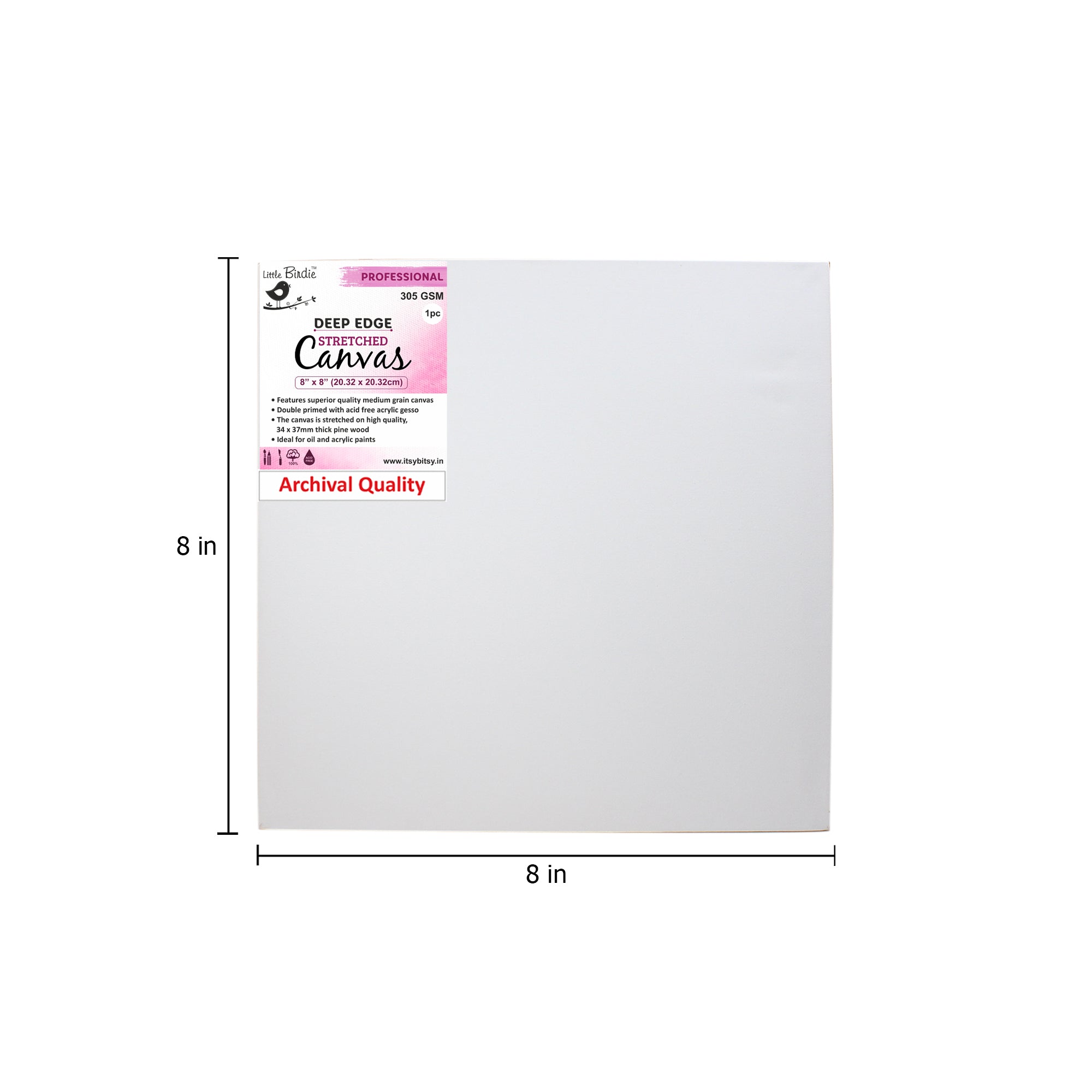 Stretched Canvas Deep Edge Frame 34X37Mm 305Gsm 8 X 8Inch 1Pc