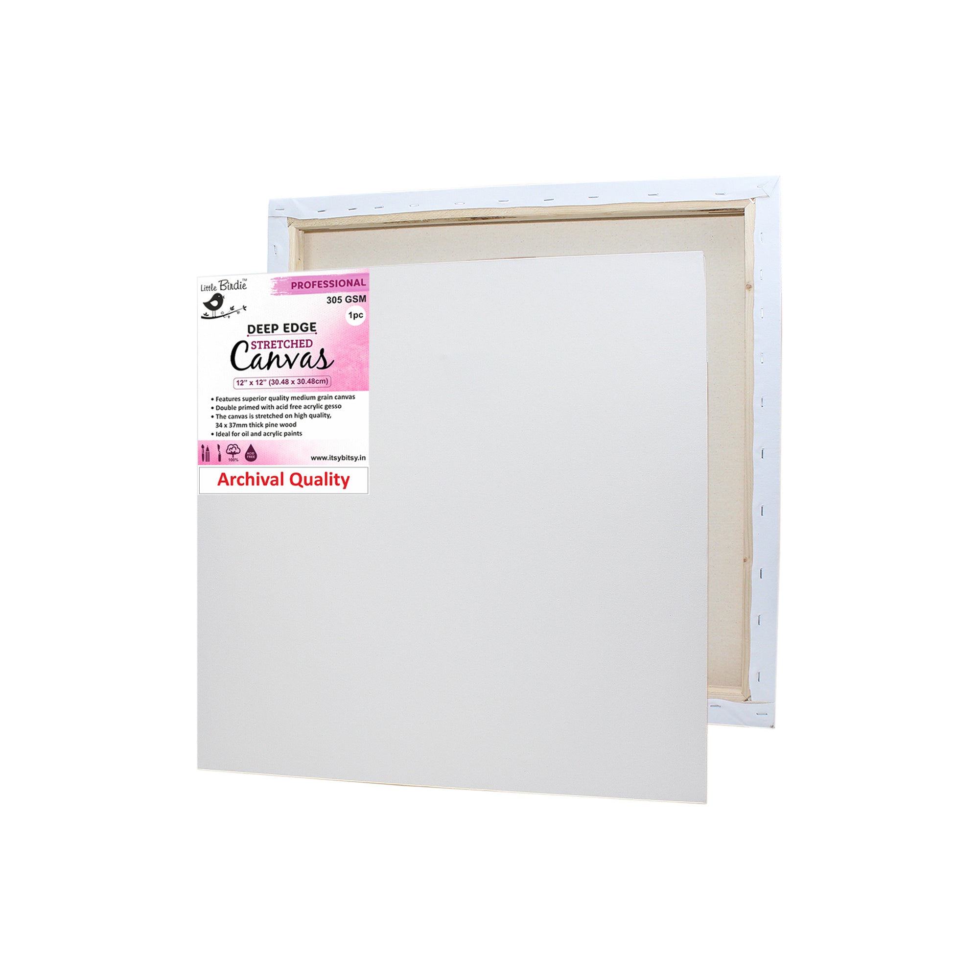 Stretched Canvas Deep Edge Frame 34X37Mm 305Gsm 12 X 12Inch 1Pc