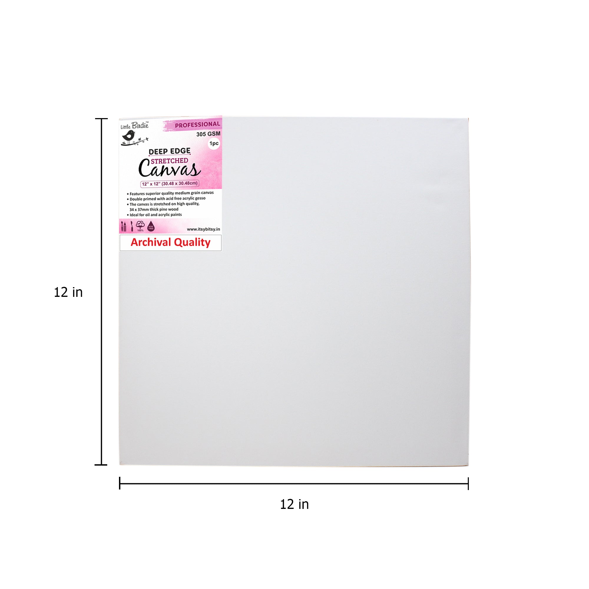 Stretched Canvas Deep Edge Frame 34X37Mm 305Gsm 12 X 12Inch 1Pc