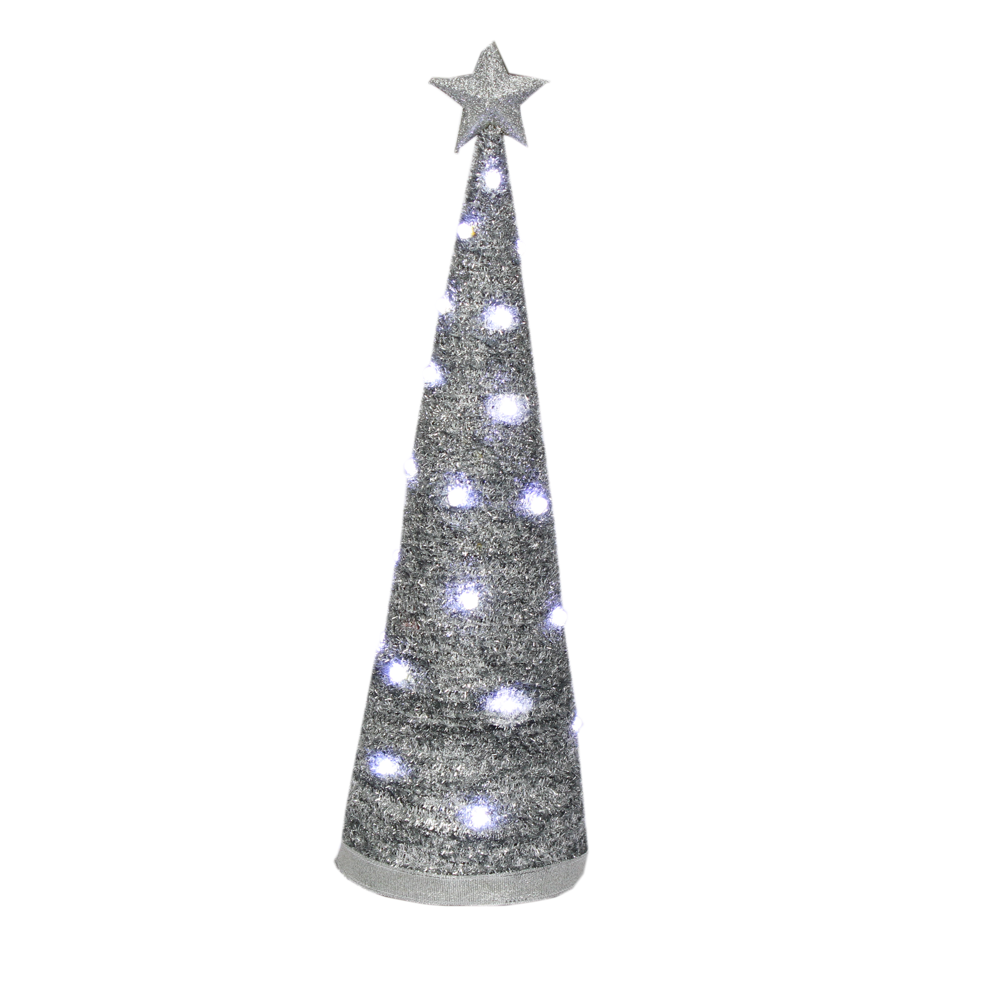 Handmade Conical Christmas Tinsel Tree with LED Light - 14.5 X 4inch, Silver, 1pc