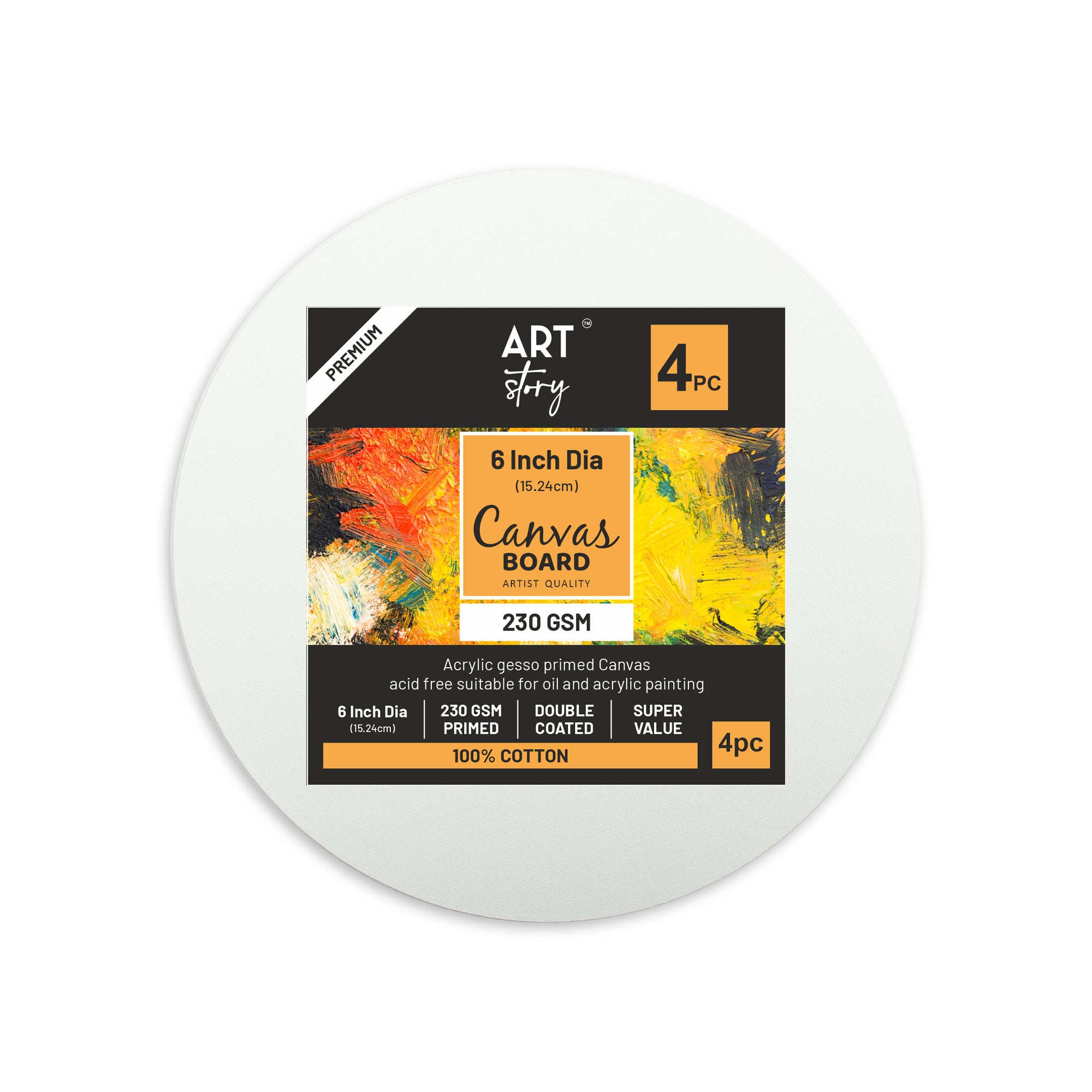 Canvas Board Round 6Inch Dia 230Gsm 2Mm Thick 4Pc Shrink Lb