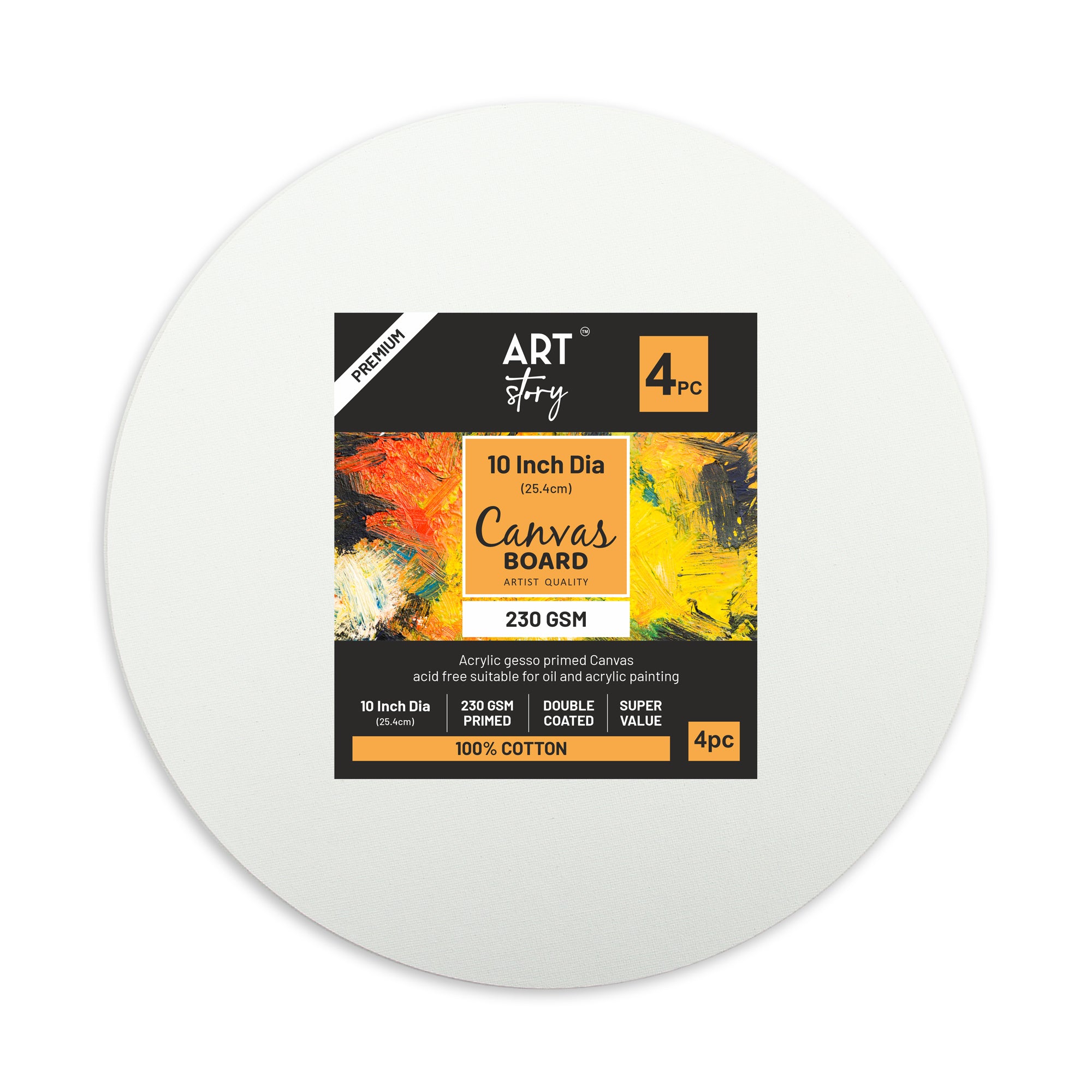 Canvas Board Round 10Inch Dia 230Gsm 2Mm Thick 4Pc Shrink Lb
