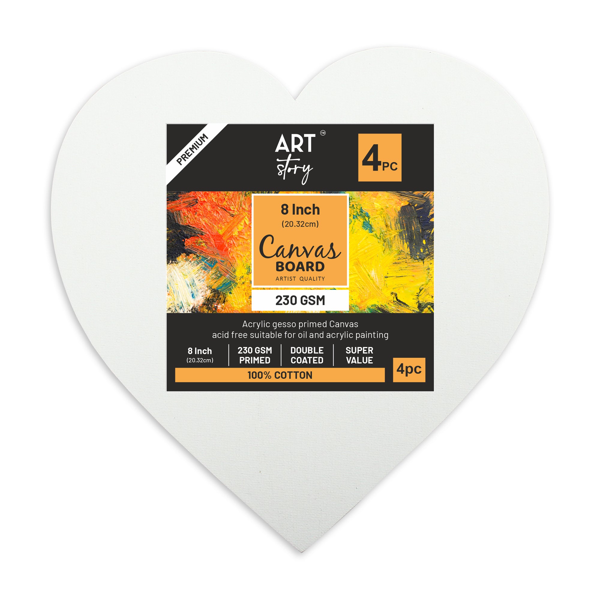 Canvas Board Heart 8 X 8Inch 230Gsm 2Mm Thick 4Pc Shrink Lb