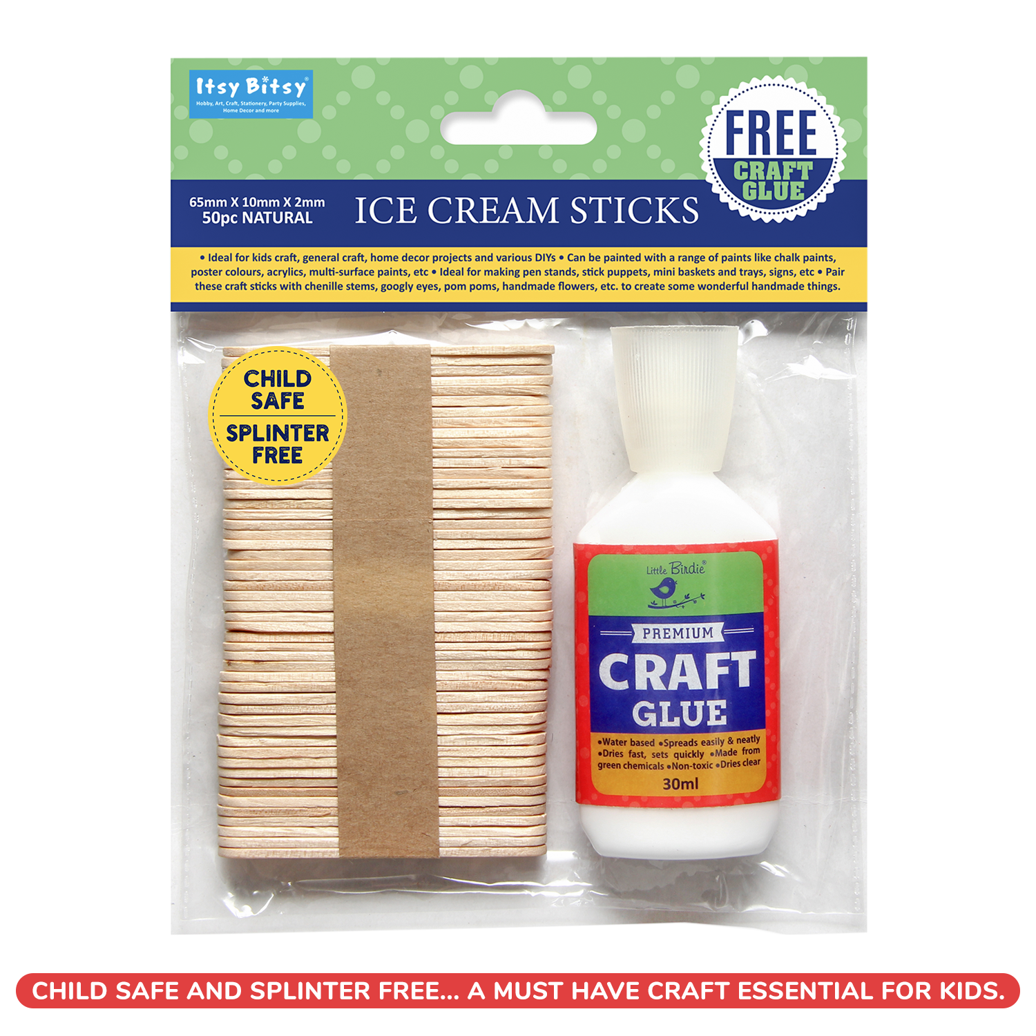 Ice Cream Sticks Natural 65 X 10 X 2mm 50pc With 30Ml Glue