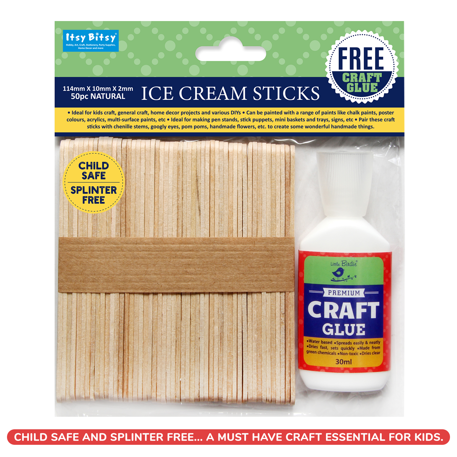 Ice Cream Sticks Natural 114 X 10 X 2mm 50pc With 30Ml Glue