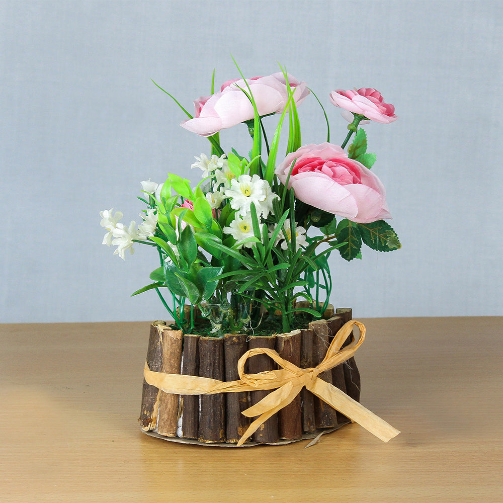 Artificial Rose Garden With Rustic Wooden Planter - Pink