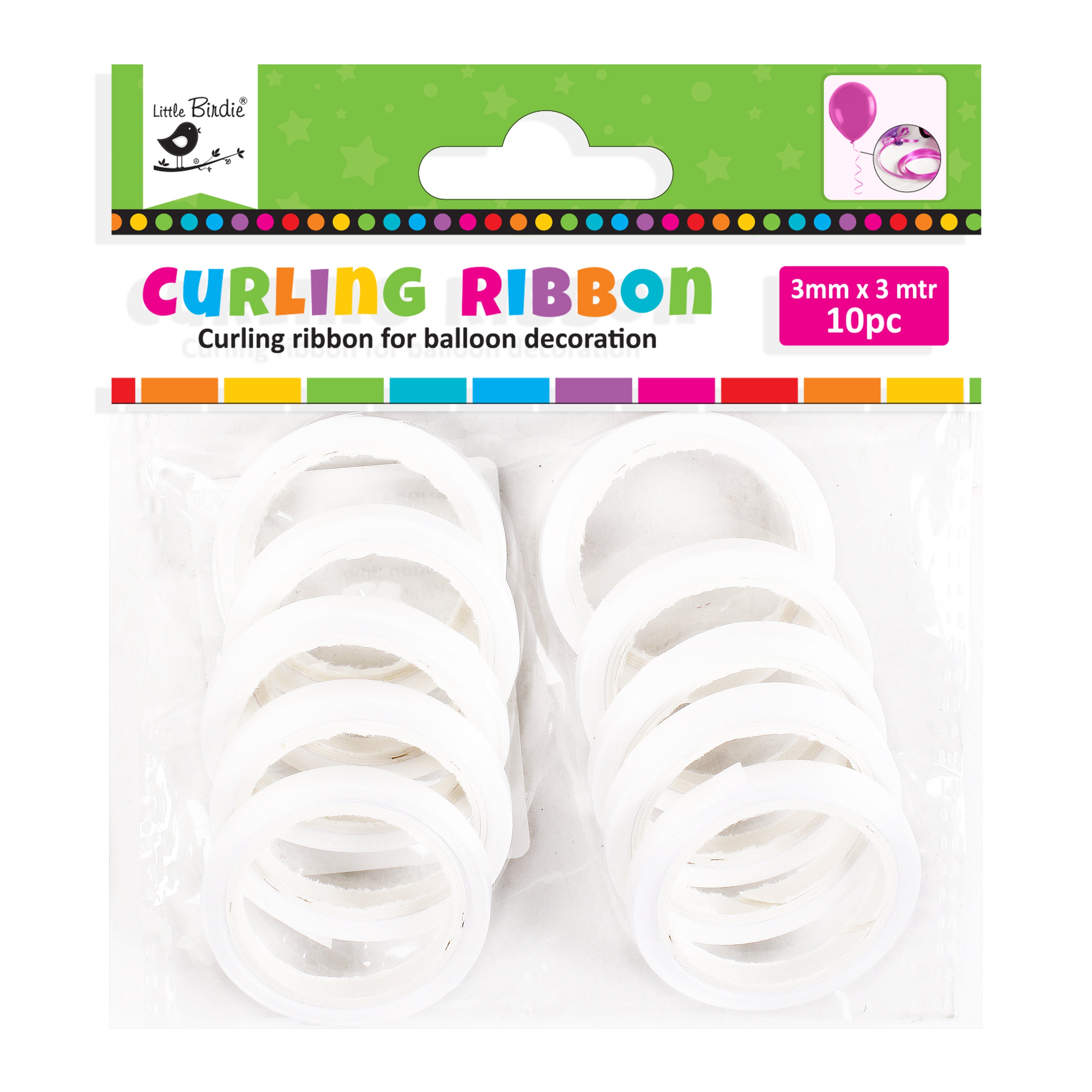 Curling Ribbon For Balloon Decoration 3mm X 3mtr White 10pc