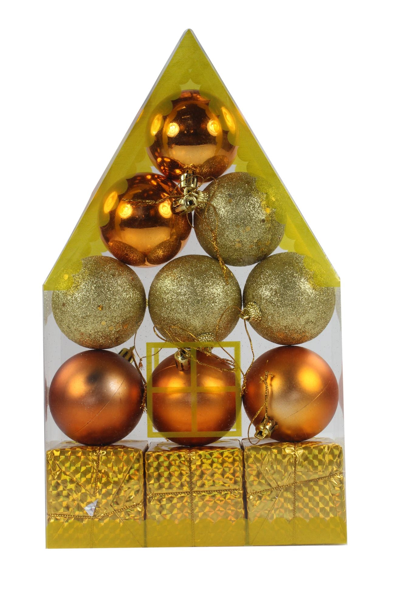 Decorative Christmas Hanging Ornaments - Baubles And Gifts, Orange And Gold, 1 Pack