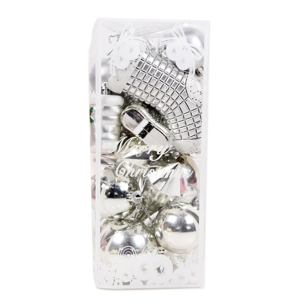 Christmas Tree Decoration Baubles, Stocking & Tree Mix Silver Acetate Box