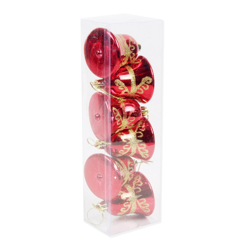 Christmas Tree Hanging Decoration Gold Glitter Printed Bells Red W25 X 7.5 X 5.5cm 6pc Acetate