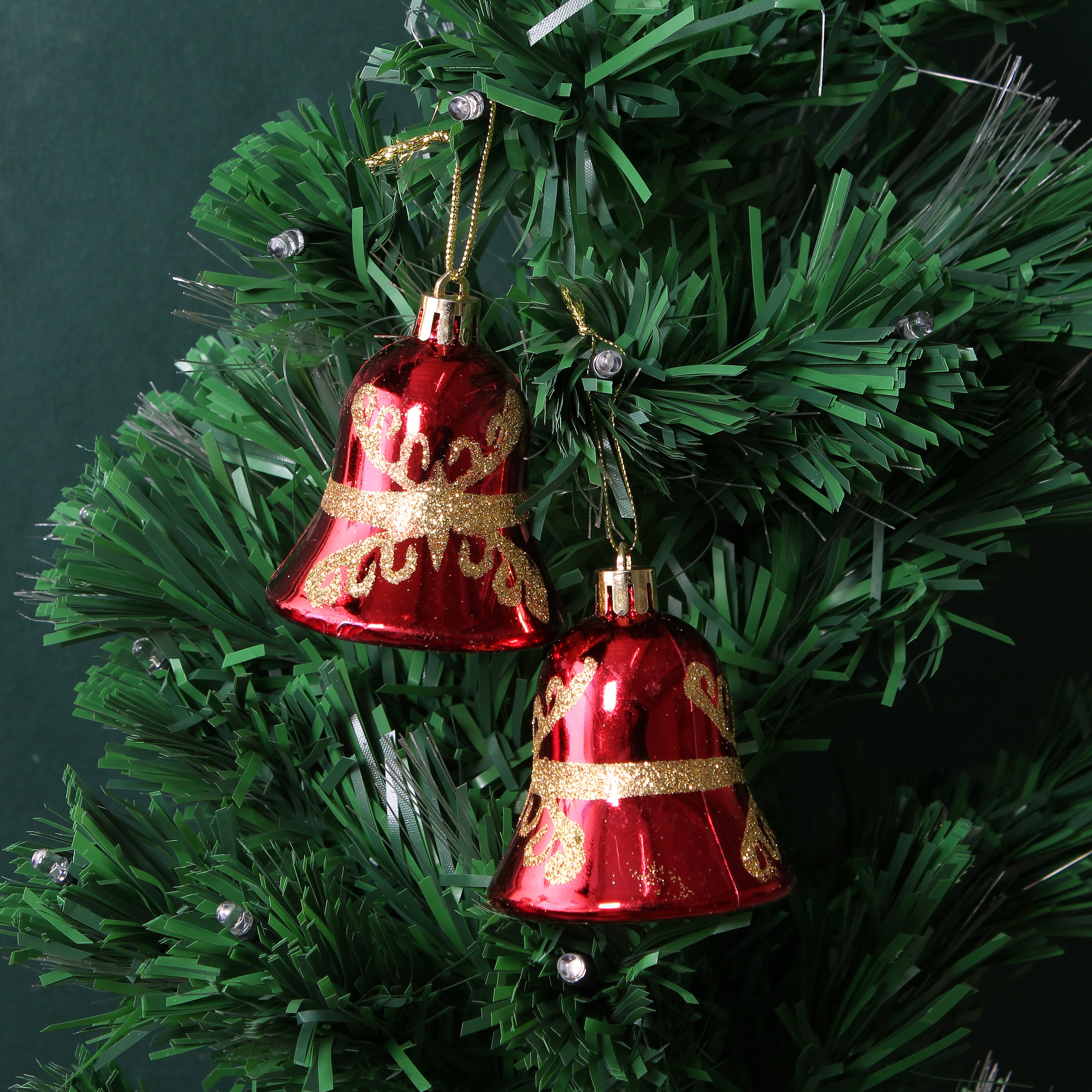 Christmas Tree Hanging Decoration Gold Glitter Printed Bells Red W25 X 7.5 X 5.5cm 6pc Acetate