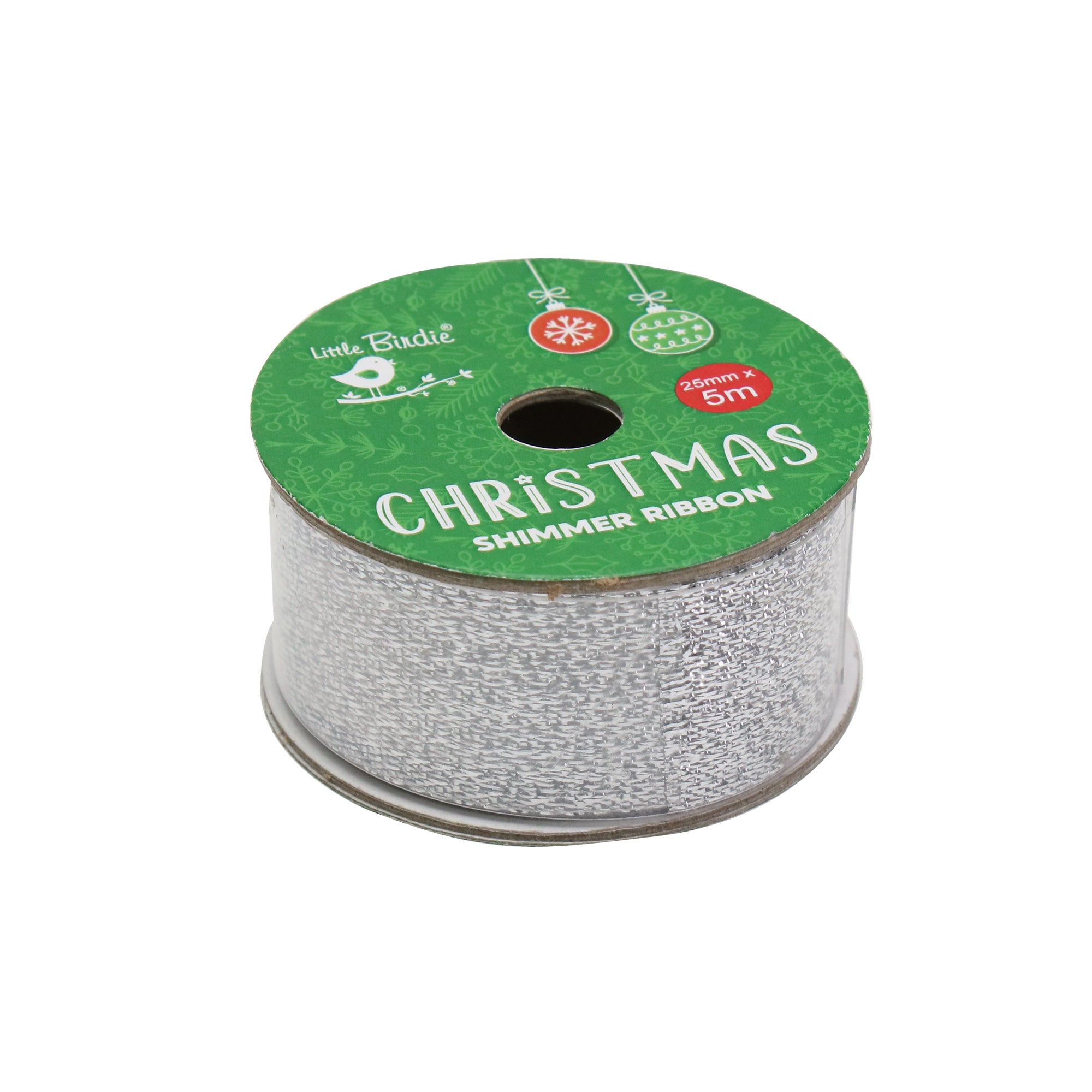 Christmas Shimmer Ribbon 25mm, Silver, 5mtr