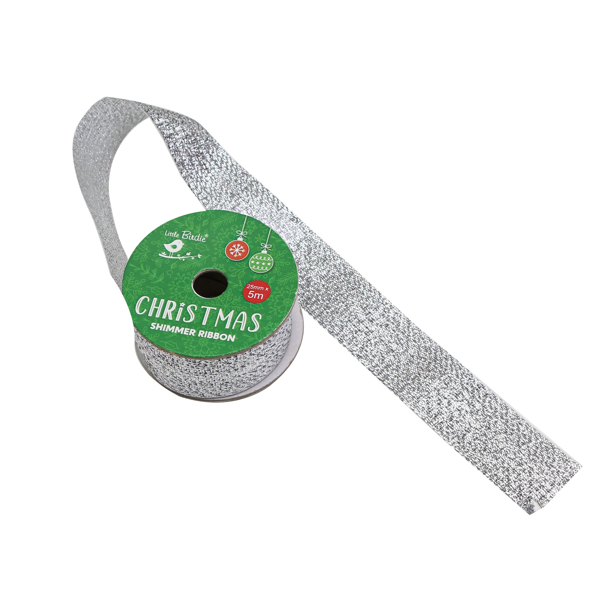 Christmas Shimmer Ribbon 25mm, Silver, 5mtr