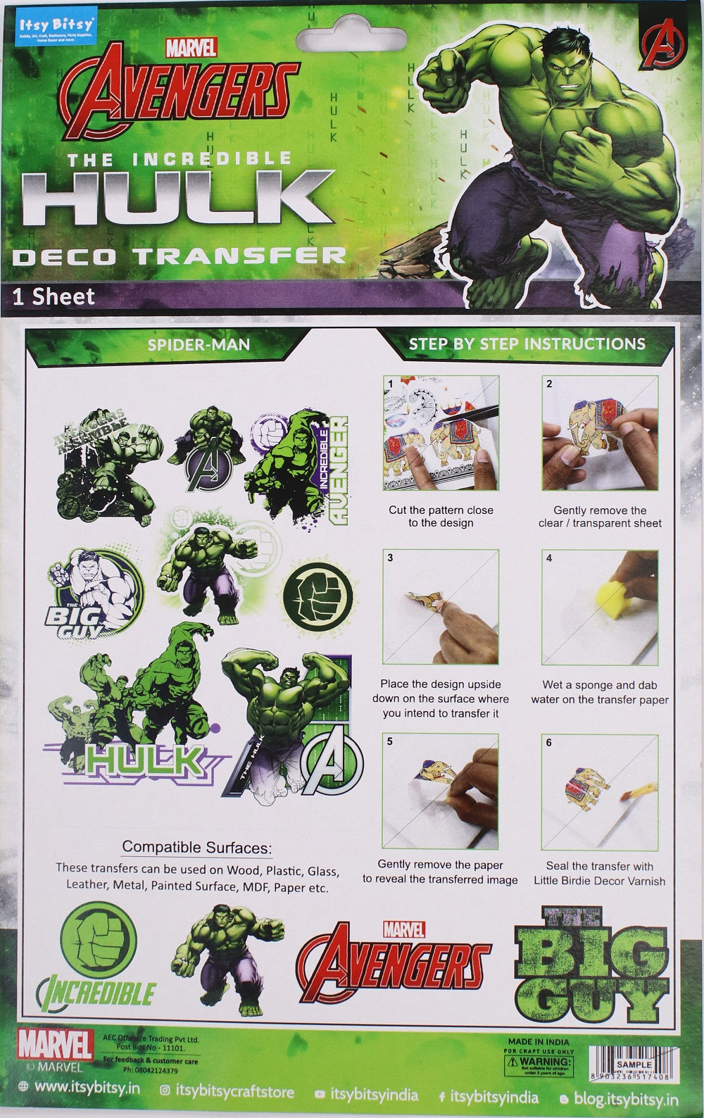 Deco Transfer Sheet Big Guy Hulk 7.5 x 9.5in 1Pc