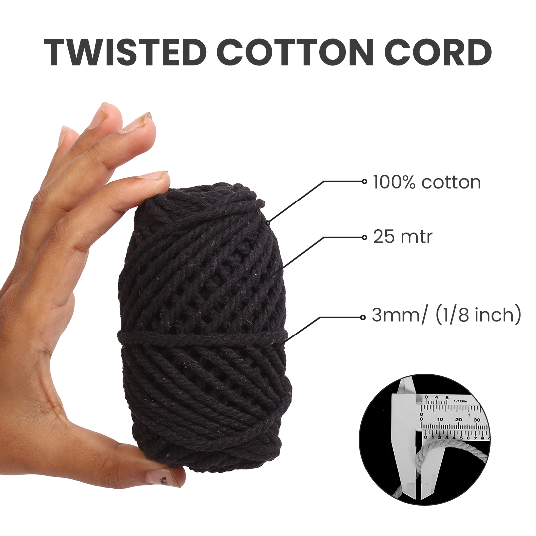 Macrame Cotton Twisted Cord - Black 3mm 3Ply 25Mtr 1Roll