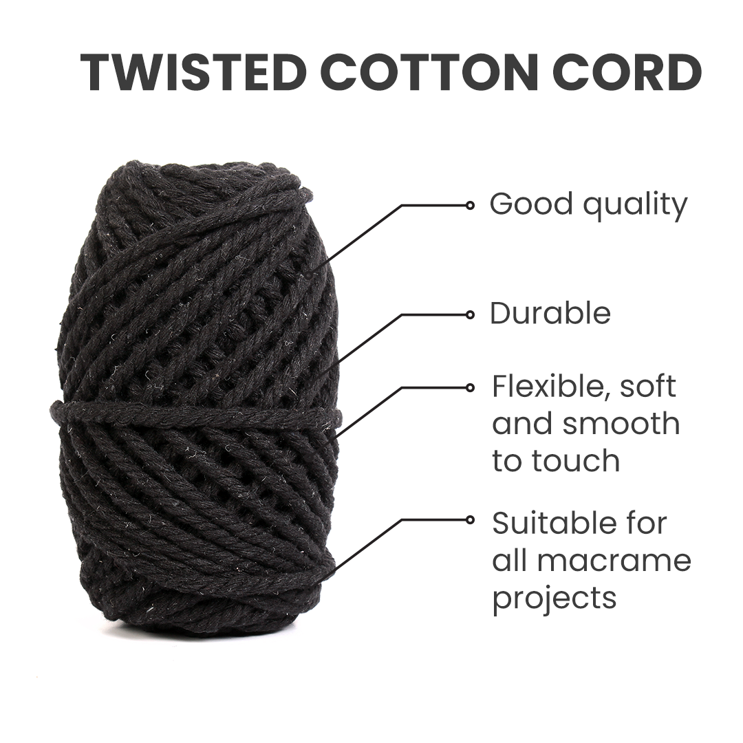 Macrame Cotton Twisted Cord - Black 3mm 3Ply 25Mtr 1Roll