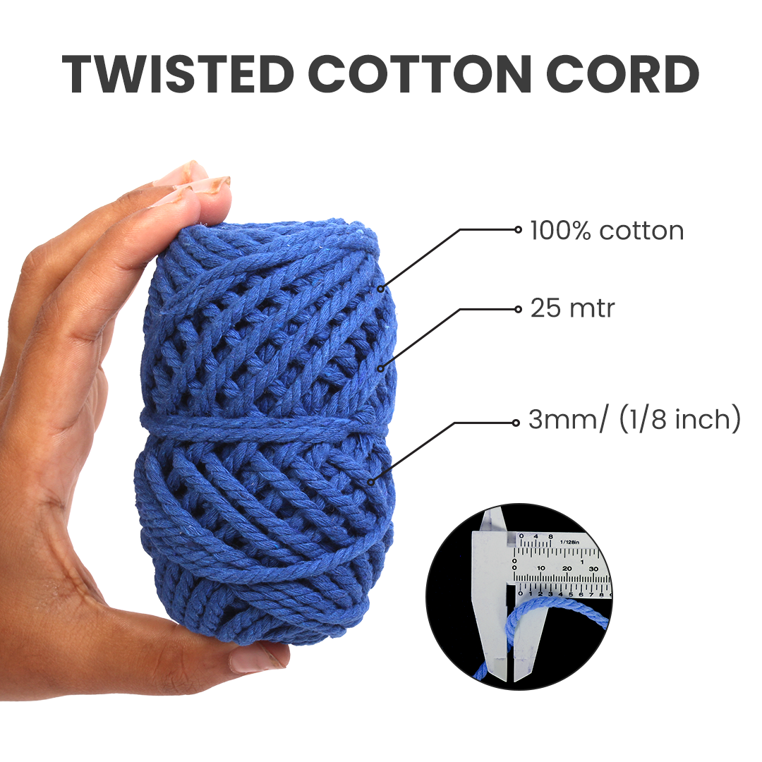 Macrame Cotton Twisted Cord - Royal Blue 3mm 3Ply 25Mtr 1Roll