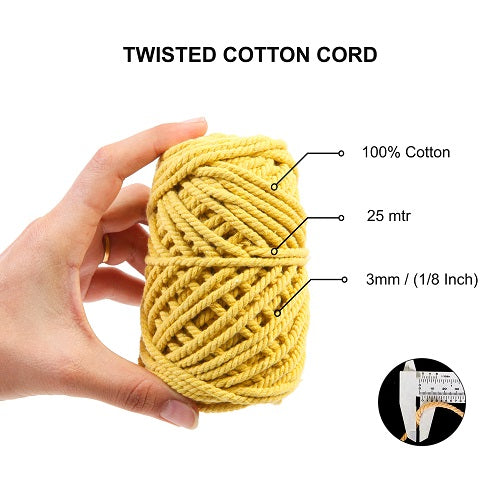 Macrame Cotton Twisted Cord - Sun Flower Yellow 3mm 3Ply 25Mtr 1Roll