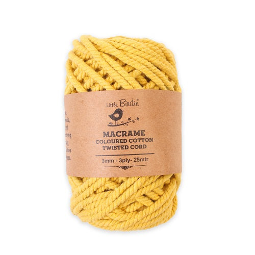 Macrame Cotton Twisted Cord - Sun Flower Yellow 3mm 3Ply 25Mtr 1Roll